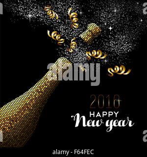 Bonne année 2016 plaqués or bouteille champagne célébration en style mosaïque. Idéal pour maison de vacances ou carte d'invitation à une fête élégante. Illustration de Vecteur