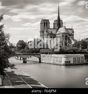 Noir & Blanc, la Cathédrale Notre Dame de Paris sur l'Ile de La Cité avec la Seine et le pont de l'archevêque, Paris, France Banque D'Images