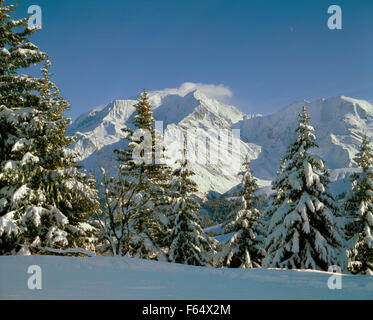 Massif du Mont Blanc en hiver à partir de Bettex, Saint Gervais, Haute Savoie, France. Banque D'Images