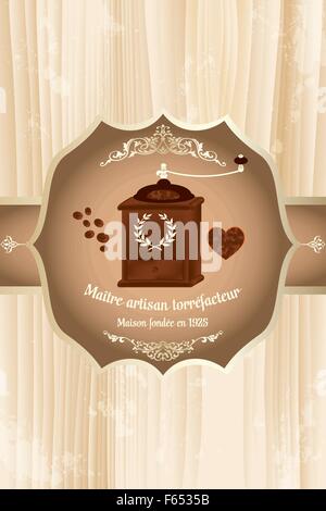 Illustration de l'étiquette café avec café-broyeur, café-beans et éléments de design floral rétro et texte français - vecteurs eps 10 Illustration de Vecteur