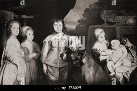 Les cinq premiers enfants du Roi Charles I, D'après Sir Anthony Van Dyck. De gauche à droite, la Princesse Marie Henrietta, Princesse Royale, 1631-1660. Le prince Jacques futur Jacques II et VII, 1633-1701, en robe et chapeau. Plus tard, le Prince Charles Charles II, 1630-1685. La princesse Elizabeth, 1635-1650, qui détient son bébé sister Princess Henrietta Anne, plus tard duchesse d'Orléans, 1644-1670. Banque D'Images