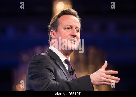 David Cameron, premier ministre,parle à la conférence annuelle de l'IBC au centre de Londres Banque D'Images