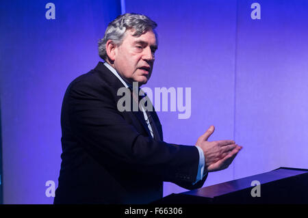 L'ancien Premier Ministre, Gordon Brown, prononce un discours au centre de Londres Banque D'Images