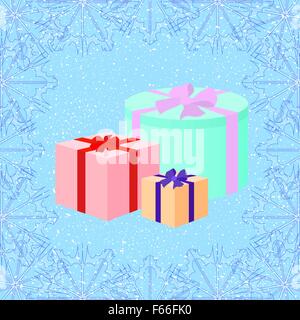 Trois cadeaux de Noël sur la neige fond. Cadre décoratif avec des flocons de motif. Style rétro en vecteur d'art Illustration de Vecteur