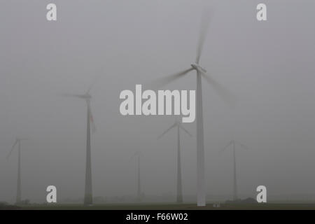 Éoliennes au brouillard, le Mecklembourg-Poméranie occidentale, Allemagne Banque D'Images