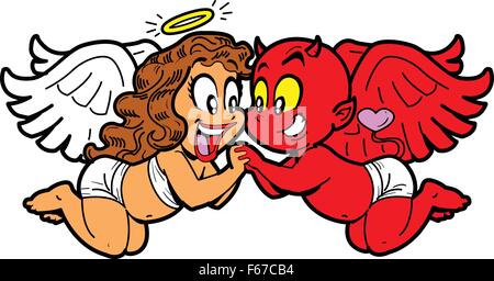 Cartoon Girl romantique et Angel Boy Devil in Love Illustration de Vecteur