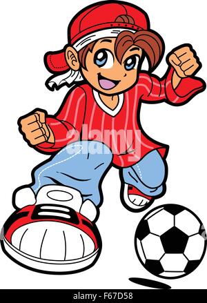 Heureux Jeune homme garçon joueur de football en Anime Manga Cartoon Style Illustration de Vecteur