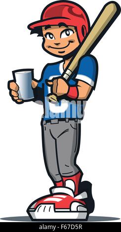 Smiling Baseball Softball Player Avec Bat, casque du frappeur et un verre Illustration de Vecteur