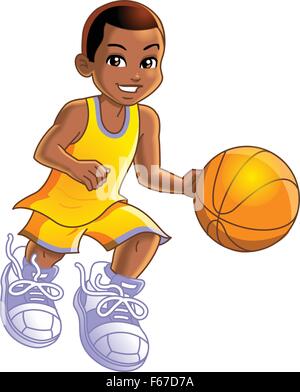 Happy Young Boy Smiling et jouer au basket-ball Illustration de Vecteur