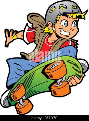 Cool souriante jeune homme ou garçon faisant un saut Skateboard extrême Illustration de Vecteur