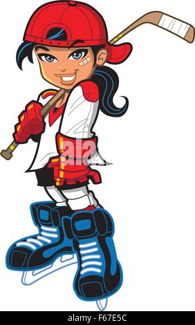 Très mignon femelle fille sourire confiant avec le joueur de hockey bâton de hockey, l'attitude et bandage sur son visage. Illustration de Vecteur