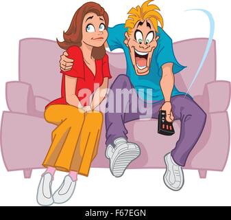 Homme heureux sur table avec la télécommande du téléviseur et malheureuse femme/copine Illustration de Vecteur