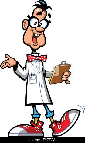 Heureux Professeur Laboratoire scientifique à lunettes, Noeud Papillon et Sneakers Holding Clipboard Illustration de Vecteur