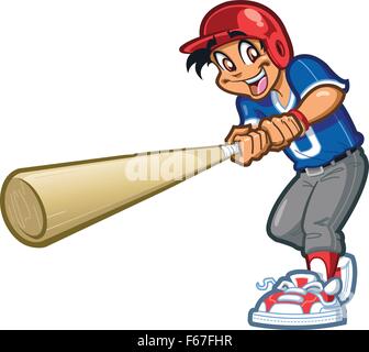 Happy Smiling Little League Baseball Softball Player Swinging un géant bat avec casque de frappeur Illustration de Vecteur