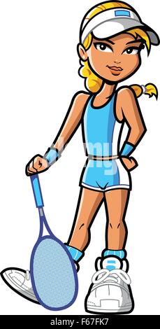 Confiant de jolies jeunes femme fille blonde avec visière, joueur de tennis racquet et attitude. Illustration de Vecteur