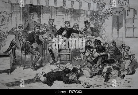 La France. Forbach. La publicité de Prusse. Les officiers prussiens jetant les enfants de leurs enfants de crier vive la Prusse. Banque D'Images