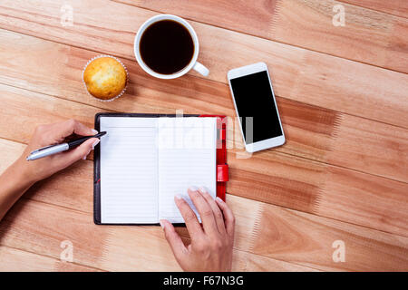 Frais généraux de mains féminines sur l'agenda d'écriture Banque D'Images