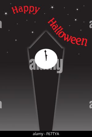 La silhouette d'une tour d'horloge quelques instants avant minuit, à l'Halloween avec des étoiles et du texte Banque D'Images