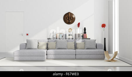Minimaliste blanc salon avec canapé gris et la décoration des objets sur étagères noires - le rendu 3D Banque D'Images