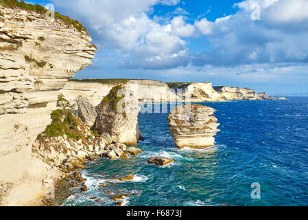 La falaise de calcaire, Bonifacio, côte sud de la Corse, France Banque D'Images