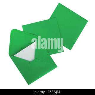 Vert groseille, enveloppes, cartes. Isolé sur blanc. Banque D'Images