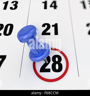 Calendrier et punaise bleue. Marque sur le calendrier en 28. Banque D'Images