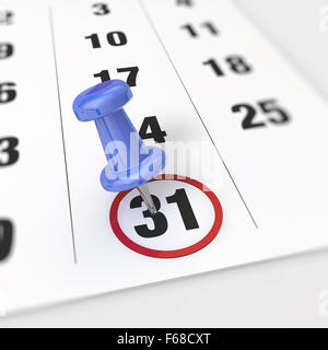 Calendrier et punaise bleue. Marque sur le calendrier en 31. Banque D'Images