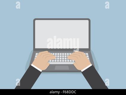 Businessman main sur clavier d'ordinateur portable avec écran blanc moniteur, vecteur, EPS10 Illustration de Vecteur
