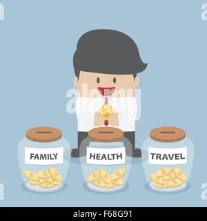 Businessman putting coin dans la famille, la santé, la bouteille de voyage, Financial Concept, scénario, EPS10 Illustration de Vecteur