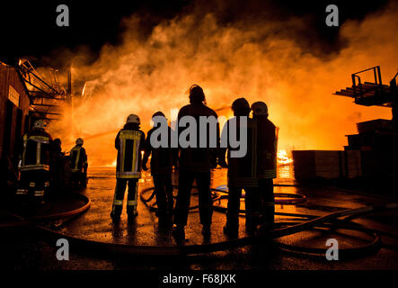 Les pompiers se tenir en face d'une salle de production d'une scierie dans Dipperz, Allemagne, 13 novembre 2015. Photo : Boris Roessler/dpa Banque D'Images