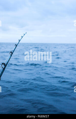 Close up detail shot de la base d'une canne à pêche dans l'océan. Vue sur l'horizon des océans Banque D'Images