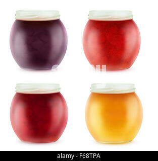 Collection de pots ouverts multicolores avec confiture de fruits, isolated on white with clipping path Banque D'Images