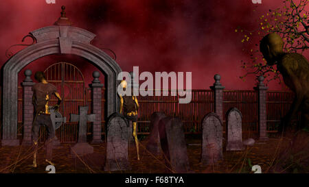 Le rendu 3D de zombies dans le cimetière de brouillard fantasmagorique nuit rouge Banque D'Images