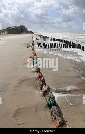 WW2 défense Nazi bunker et piquets en bois sur la plage à Houvig Strand, Søndervig, Jutland, Danemark. Banque D'Images