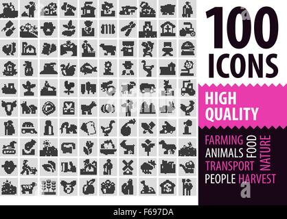 Noir ferme icons set. jardinage, horticulture ou de la récolte, les animaux des signes et symboles Illustration de Vecteur