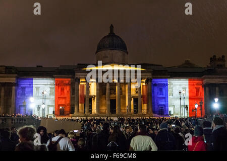 Londres, Royaume-Uni. 14 novembre 2015. La Galerie nationale est allumé dans les couleurs du drapeau Français comme des milliers de personnes se rassemblent à Trafalgar Square pour payer leur respect aux victimes en France et de montrer leur solidarité à la suite des attaques de Paris Banque D'Images