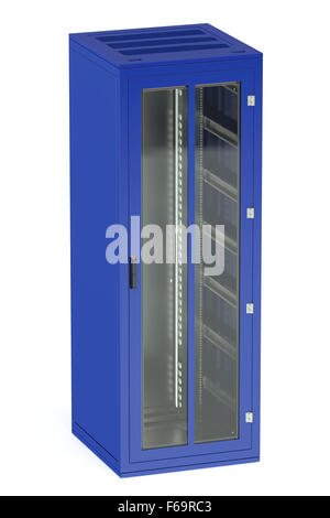 Rack serveur bleu isolé sur fond blanc Banque D'Images