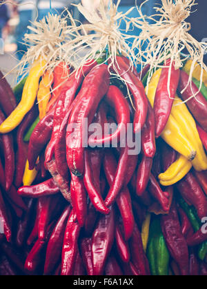 Rista frais exposés au marché agricole local. La légende l'a, dans le sud-ouest, que la pendaison chili ristras porte bonheur Banque D'Images