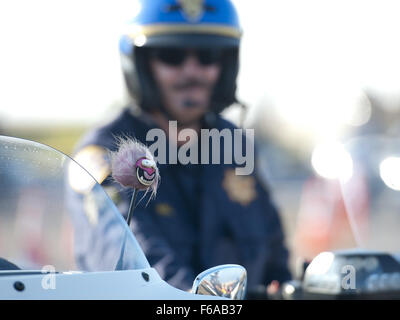 Huntington Beach, Californie, USA. Sep 10, 2014. California Highway Patrol Motor Scott Riley avait sur l'écran, "Animal, ' son charme bonne chance pour mercredi, le concours. Le Comté d'Orange l'Association des agents de la circulation ont tenu leur assemblée annuelle 2014 au rodéo moteur Huntington State Beach Park à Huntington Beach le mercredi 10 septembre 2014. Tous les jours de l'événement en vedette les talents de moto de plus de 100 agents de moteur de police de tout le sud de la Californie, y compris la California Highway Patrol, le Département de la police de Los Angeles et à l'Orange County Sheriff's Department alon Banque D'Images