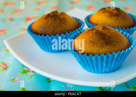 Muffins au papier bleu porte-cupcake sur une plaque blanche, serviette azur imprimé floral, selective focus Banque D'Images