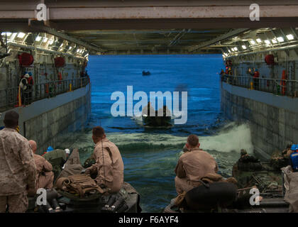 CAMP PENDLETON, en Californie (16 août 2000 31, 2015) - US Marines affectés à 3e bataillon amphibie assaut observer l'approche de véhicules d'assaut amphibie (AAV) au cours des opérations à bord de pont et quai de transport amphibie USS Somerset (LPD 25). Le Somerset participe actuellement à l'aube de l'exercice 2015 de Blitz (DB-15). DB-15 est un exercice de formation multinationale menée par 3 groupe expéditionnaire (ESG-3) et 1ère Marine Expeditionary Brigade (1 BAM) pour construire des États-Unis, Japon, Mexique, Nouvelle-Zélande, et avions amphibies et des capacités de commandement et de contrôle au moyen de vivre, simulé et constructive milita Banque D'Images