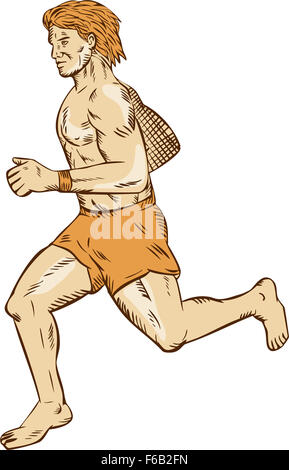 Gravure Gravure illustration style artisanal de barefoot running marathon runner triathlète autrement connu comme naturel de courir Banque D'Images