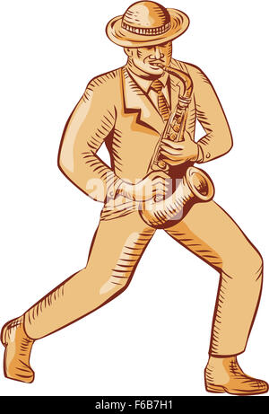 Gravure Gravure illustration style fait main d'un joueur de jazz afro-américain portant chapeau melon musicien jouant du saxophone, vu de l'avant ensemble sur fond isolé Banque D'Images