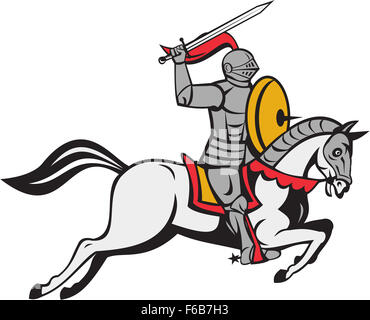 Cartoon style illustration d'un chevalier en armure complète tenant un sabre d'une part sur la tête et le bouclier de l'autre cheval de steed attaquer depuis le côté isolé sur fond blanc. Banque D'Images