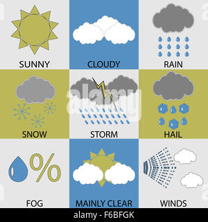 Météo Icon Set moderne. Soleil et ciel nuageux, pluie et vents, neige et tempête, grêle et brouillard, principalement du temps clair, un bouton Meteorología Banque D'Images