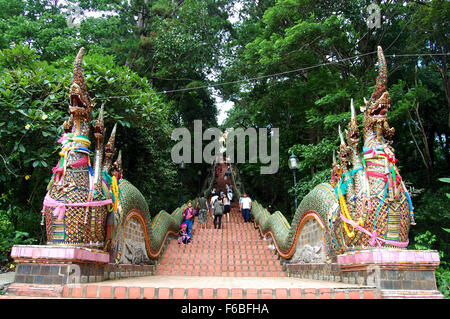 Les gens qui marchent à escaliers entrée au Wat Phra That Doi Suthep pour prier le 5 juin 2011 à Chiang Mai, Thaïlande. Banque D'Images