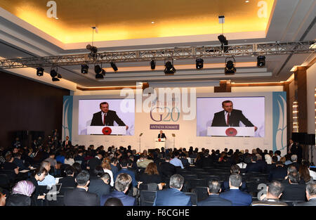 Antalya, Turquie. 16 Nov, 2015. Le Président turc, Recep Tayyip Erdogan, prend la parole à une conférence de presse à l'issue du sommet du G20 à Antalya, Turquie, le 16 novembre 2015. © Il Canling/Xinhua/Alamy Live News Banque D'Images