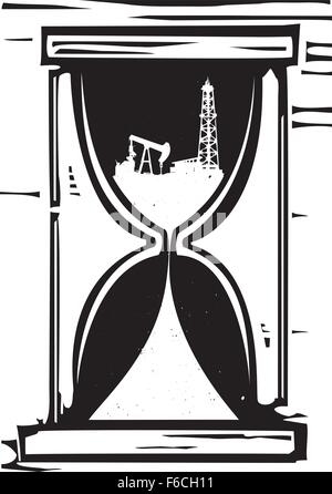 Image style gravure sur bois d'un sablier avec une plate-forme pétrolière et le sable du temps Illustration de Vecteur