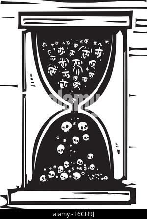 Image style gravure sur bois d'un sablier avec des gens de devenir skulls Illustration de Vecteur