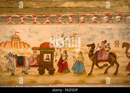 Peinture murale de procession sur plafond de patwa haveli, Jaisalmer, Rajasthan, Inde, Asie Banque D'Images